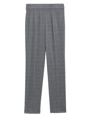 M&S Womens Jersey Checked Slim Fit Trousers - 6LNG - Grey Mix, Grey Mix ...