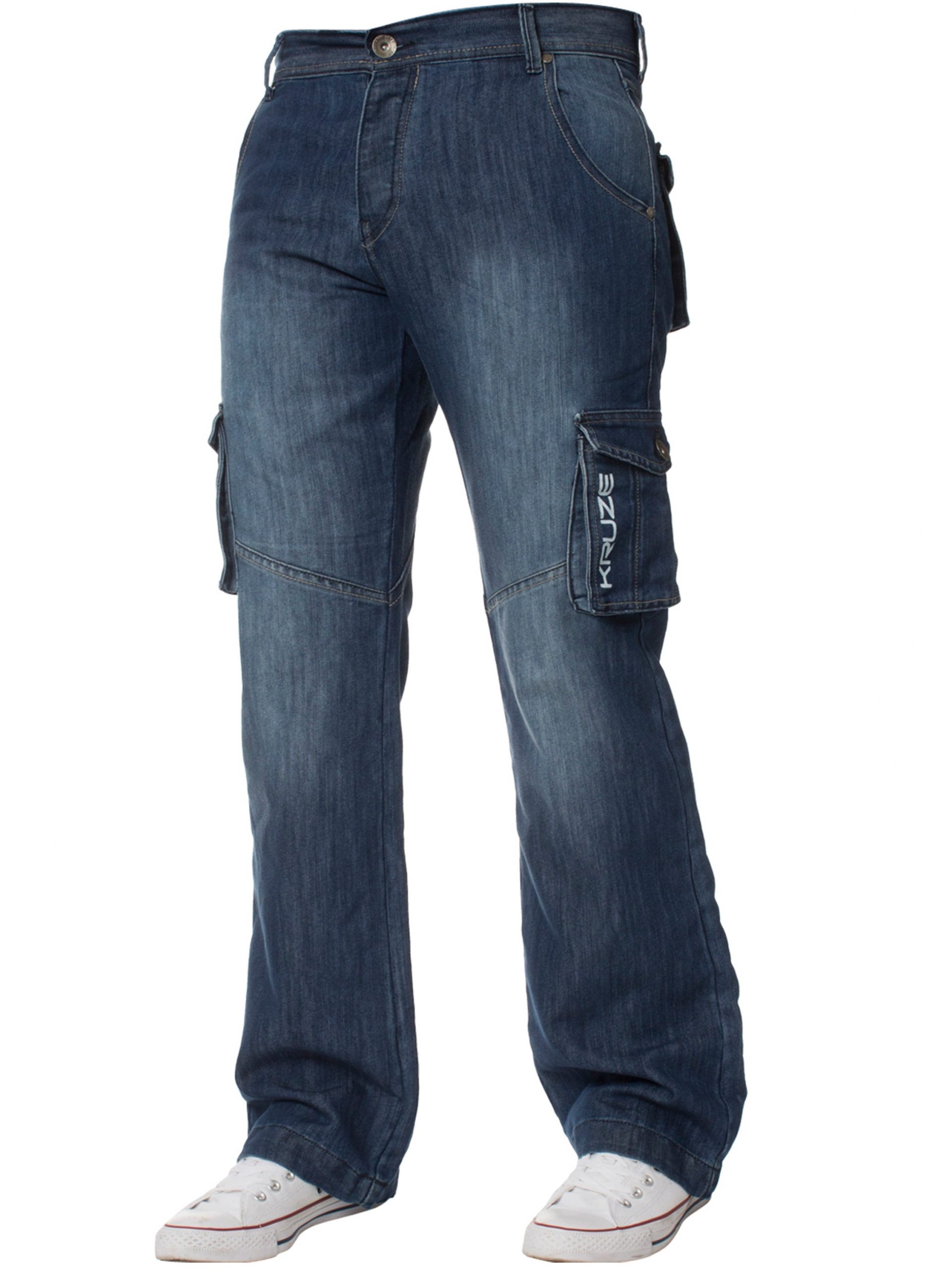 Kruze | Mens Cargo Combat Heavy Duty Denim Jeans - Mid Stonewash - My ...