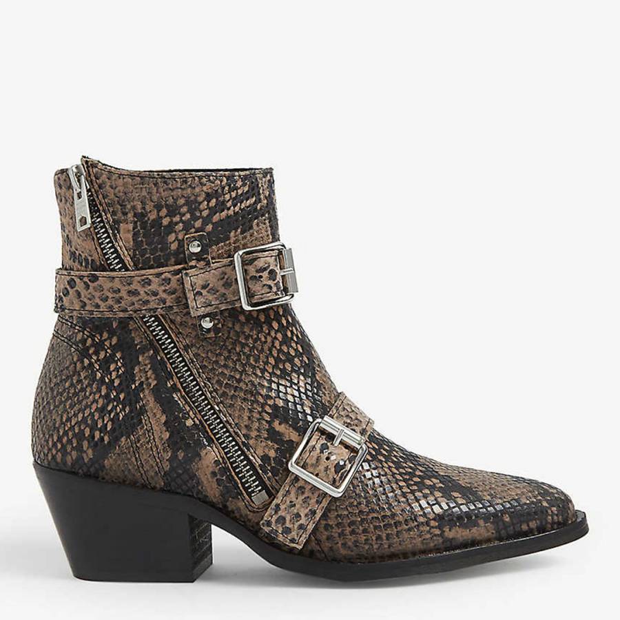 AllSaints Taupe Snake Lior Heeled Ankle Boots My Boutique