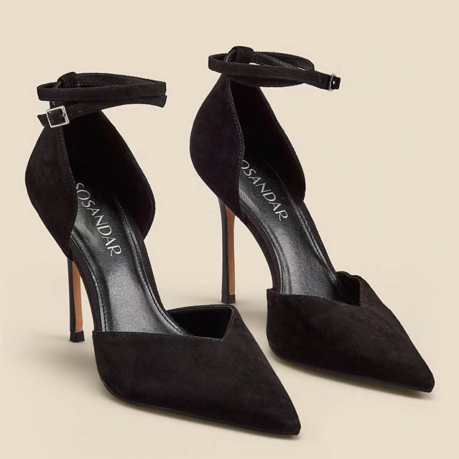 SOSANDAR Black Suede Ankle Strap Pointed Toe Court Shoes My Boutique