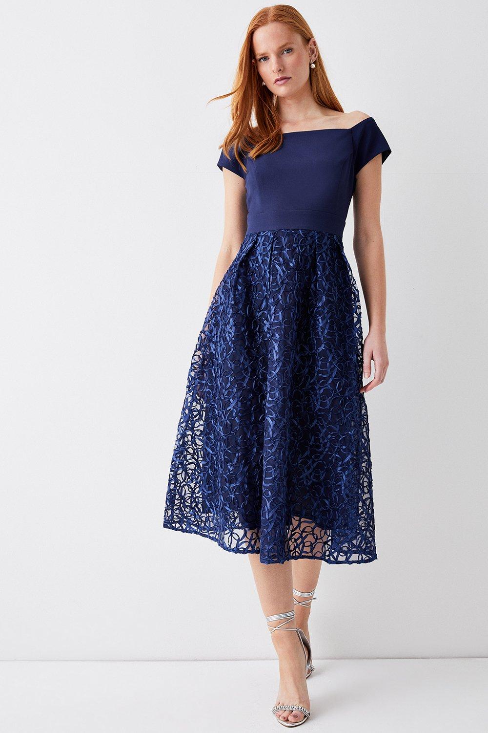 Bardot Ribbon Embroidered Midi Dress Navy