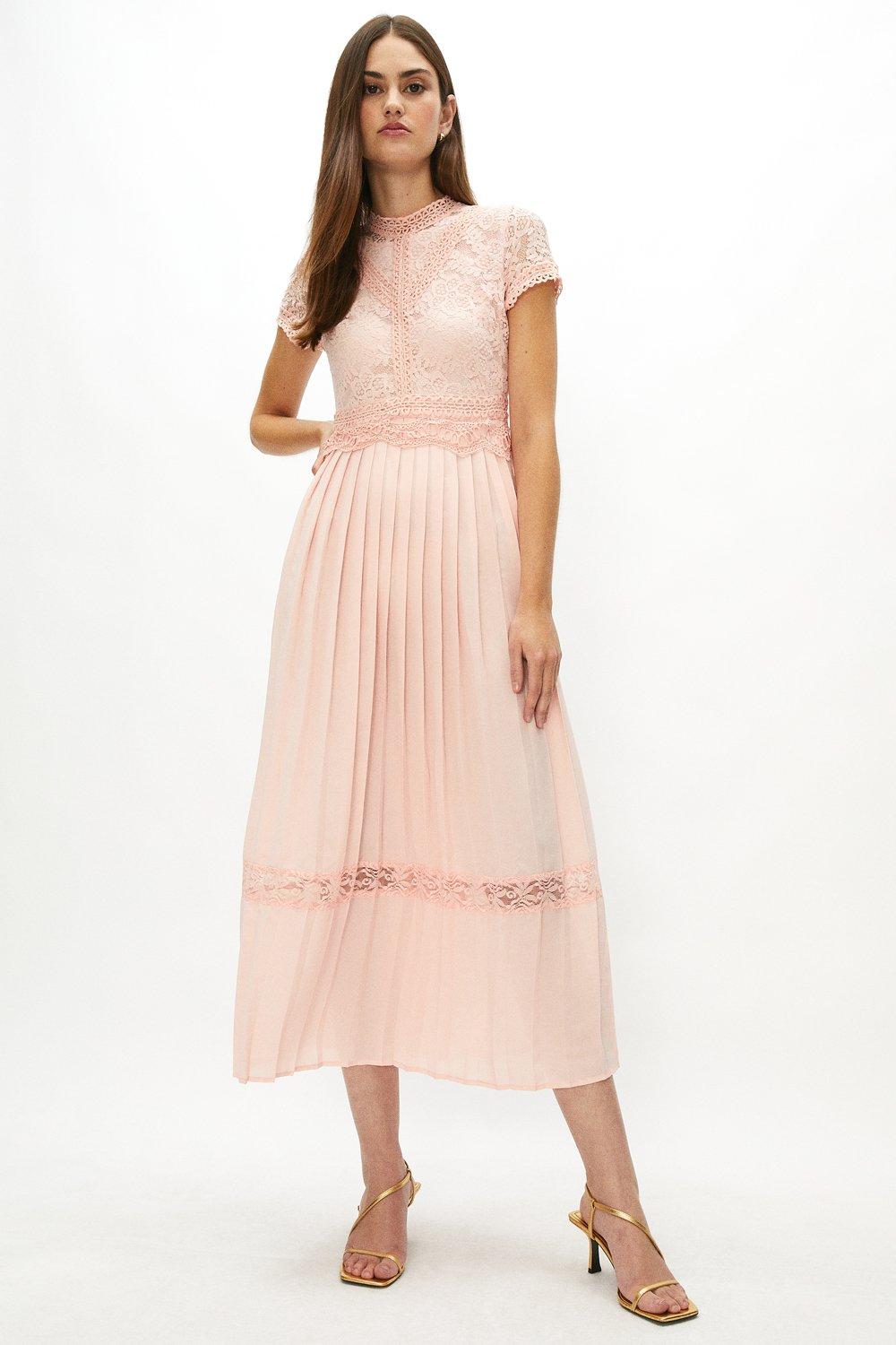 Lace Bodice Pleat Skirt Maxi Dress Pink