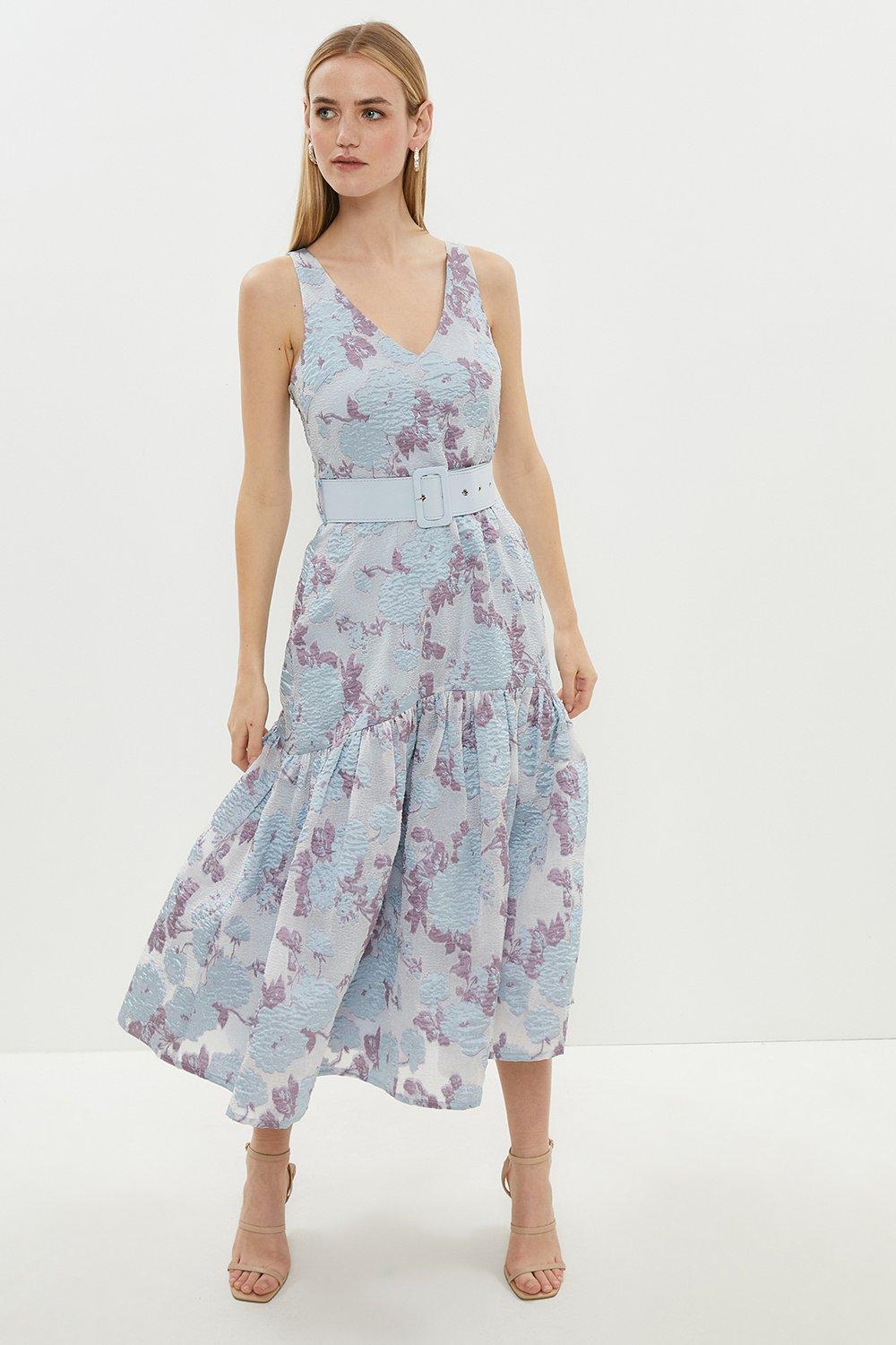 Drop Waist Belted Midi Dress Pale Blue