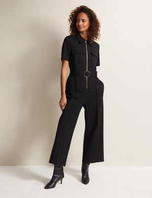 Phase Eight Womens Belted Short Sleeve Cropped Jumpsuit 16 Black Black