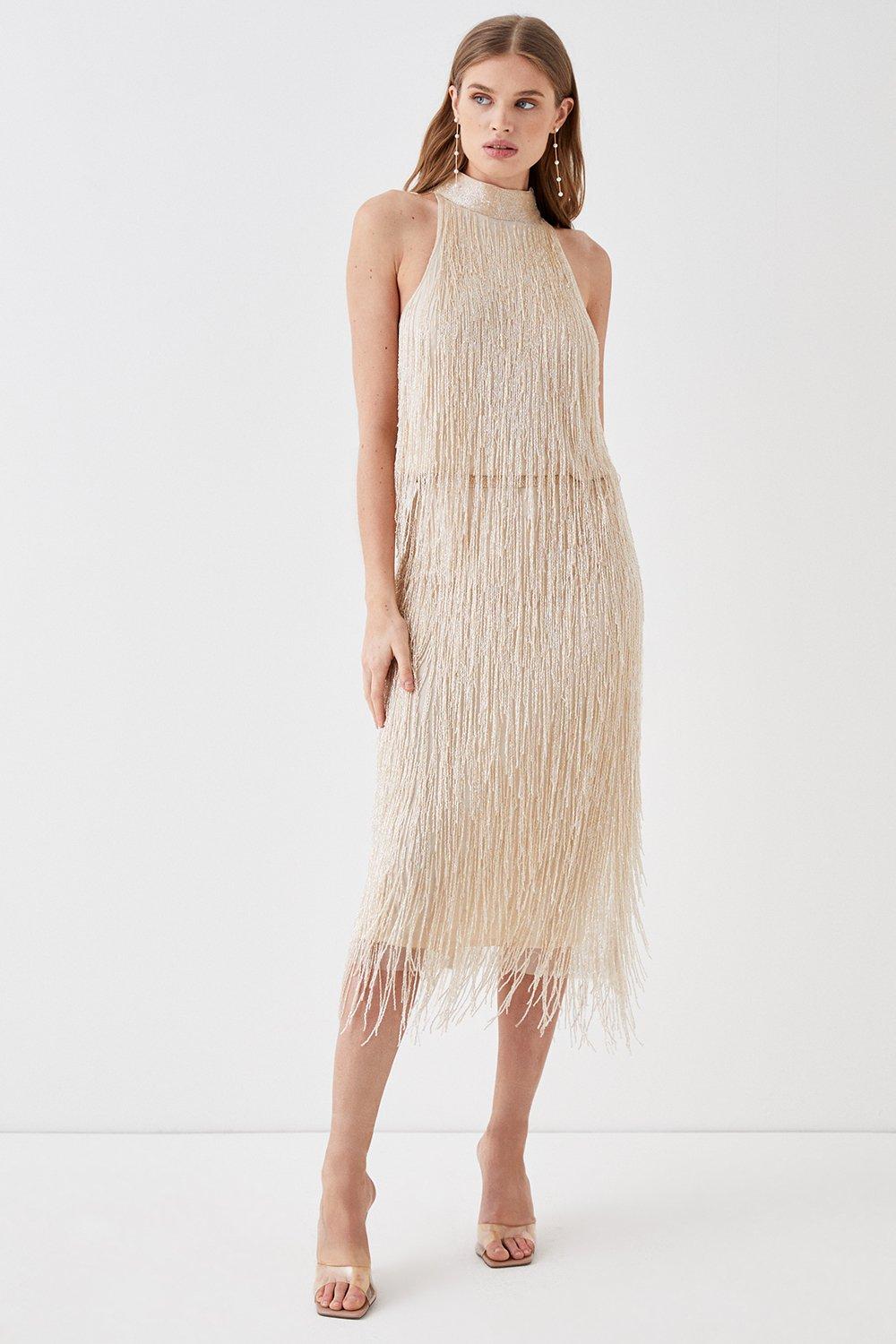 Fringe Embellished Midi Skirt Champagne